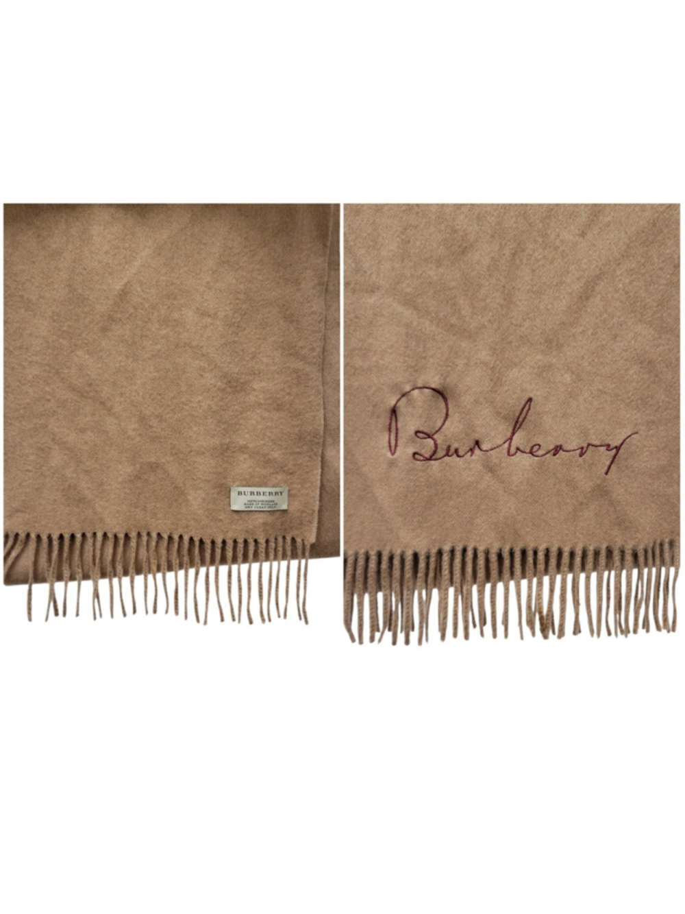 Burberry Embroidered Logo Adult Unisex 100% Cashmere Brown Scarf 76X12 Scotland
